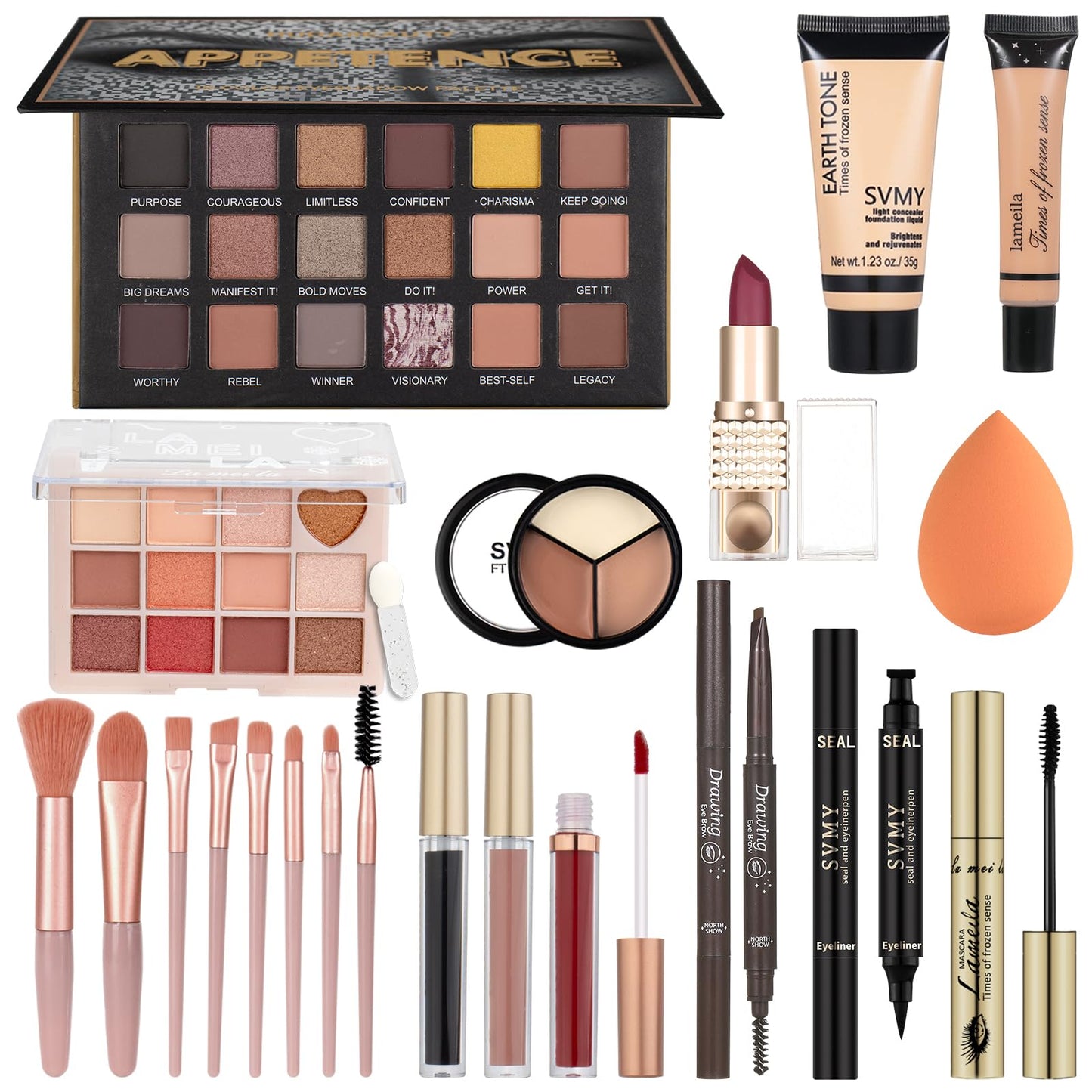 All in One Makeup Kit for Teen Girls - Gift Set with Eyeshadow, Lipsticks, Eyebrow Pencil & Cosmetic Brush