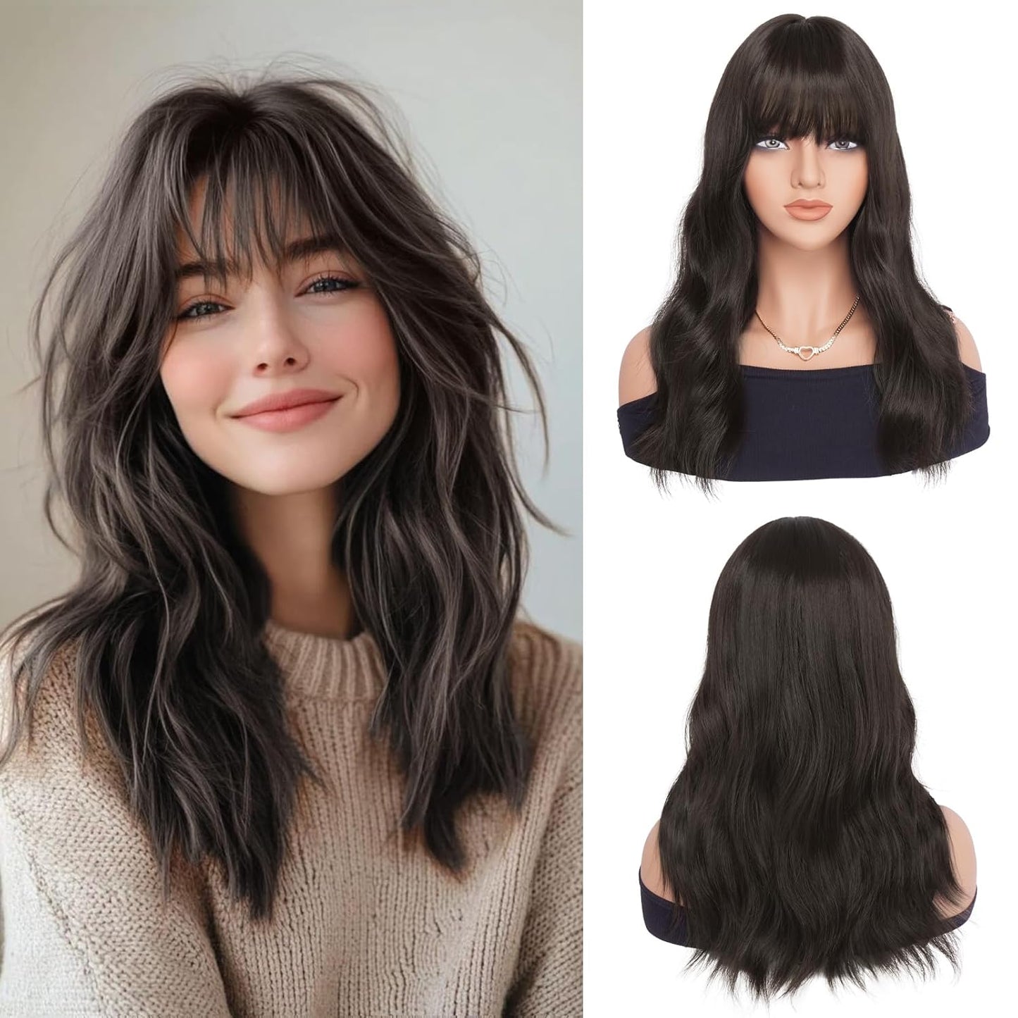 Brown Wigs with Bangs - 19 Inch Natural Wavy Synthetic Heat Resistant Hair for Women | Blonde Mixed Brown