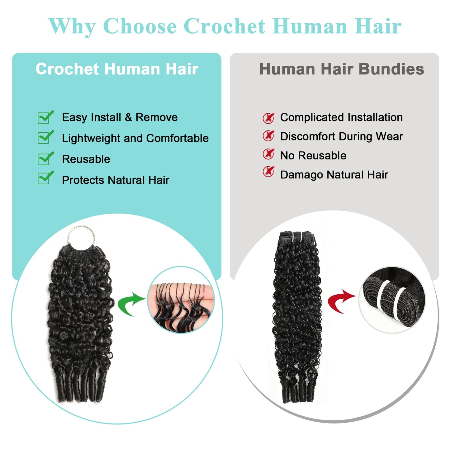 Burmese Curly Crochet Human Hair Designed for Miracle Knots Braids 16 Inch 150g Pre-Separated Crochet Hair Bundles Deep Curly Feather Invisible Crochet Hair Extensions Natural Black