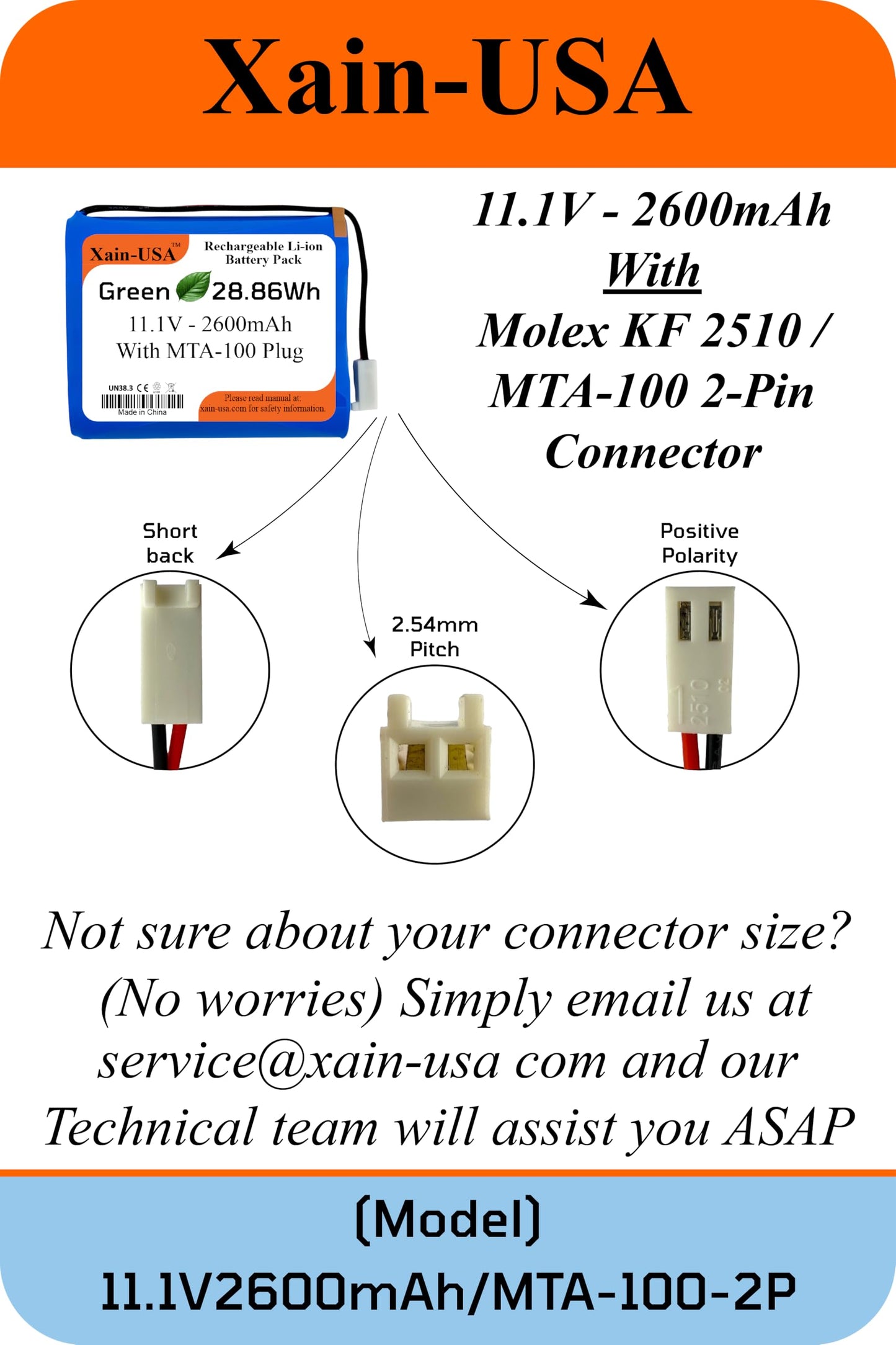 Xain-USA 11.1V 2600mAh Li-ion Replacement Battery Pack with MTA-100 / KF2510 2-Pin Female Plug.