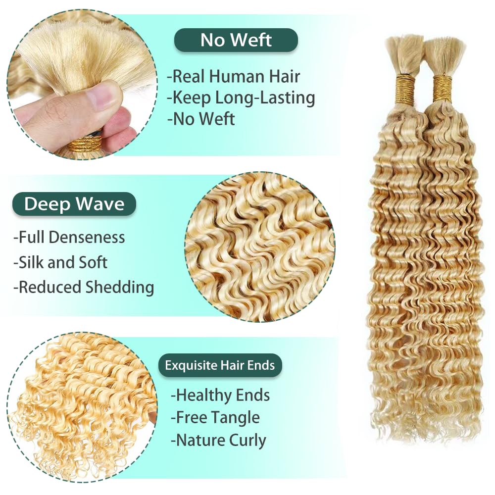 613 Boho Human Hair Blonde Braiding Hair Deep Wave Human Bulk 14 14 Inch 27/613 Deep Wave 2 Bundles No Weft Per Pack 100g