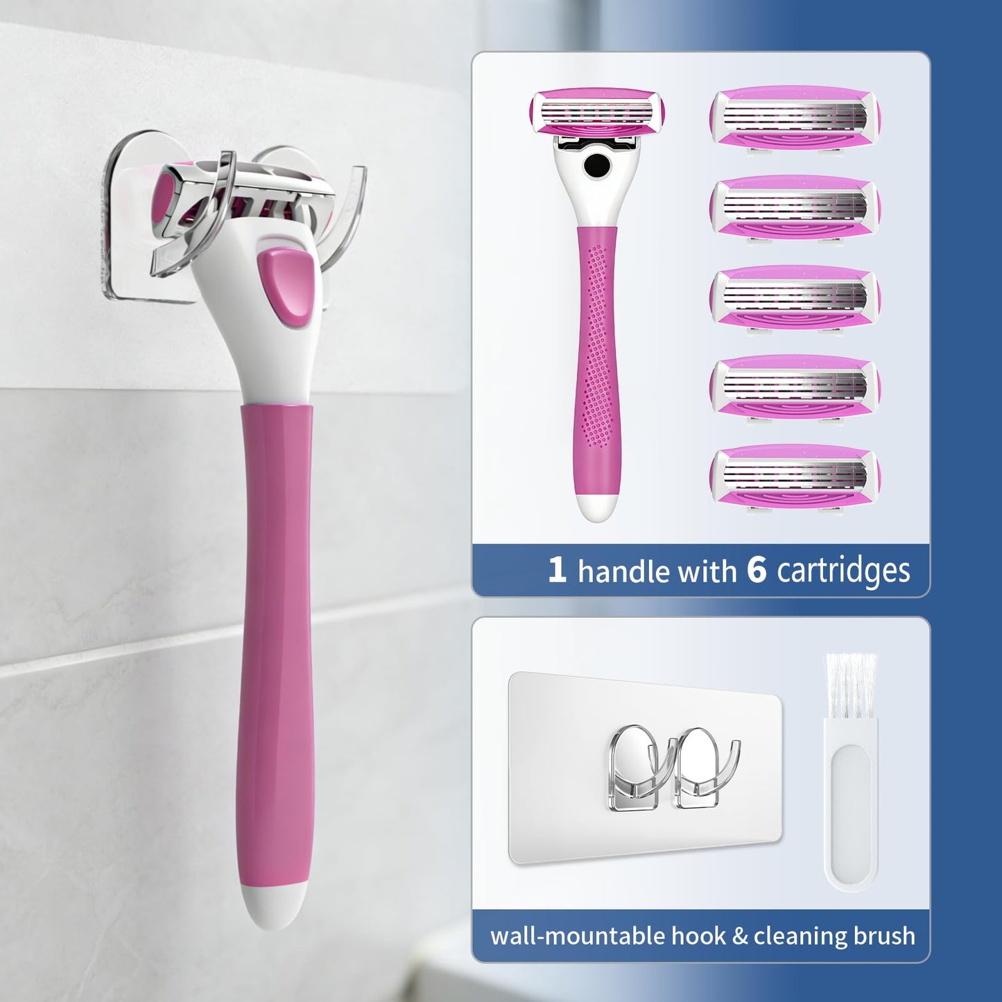FYNEDGE Women's Safety Razor with 6 Replacement Blade Refills- 4 Blade Razors for Women, 1 Pink Handle Rubber Grip, 45° Pivoting Head, Lubricating Strip & Cleaning Brush for Smooth Shaving