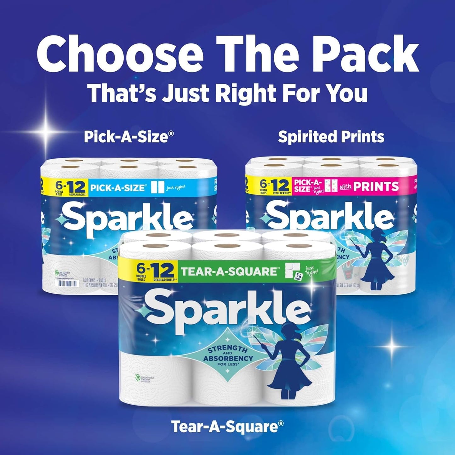 Sparkle Paper Towels - Pick-A-Size 2-Ply Kitchen Towels | 6 Double Rolls (660 Sheets) for Everyday Cleanup