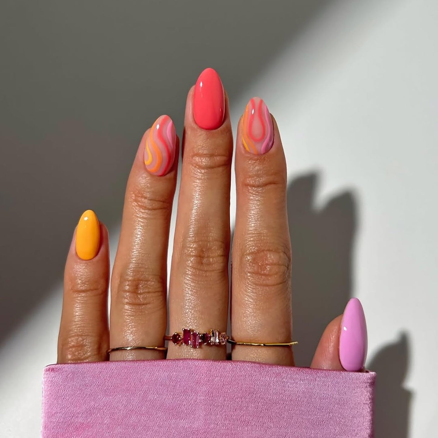 Short Press-On Almond Fake Nails - Rose Pink Acrylic with Glossy Stripe Designs | Reusable Full Cover Nails for Women