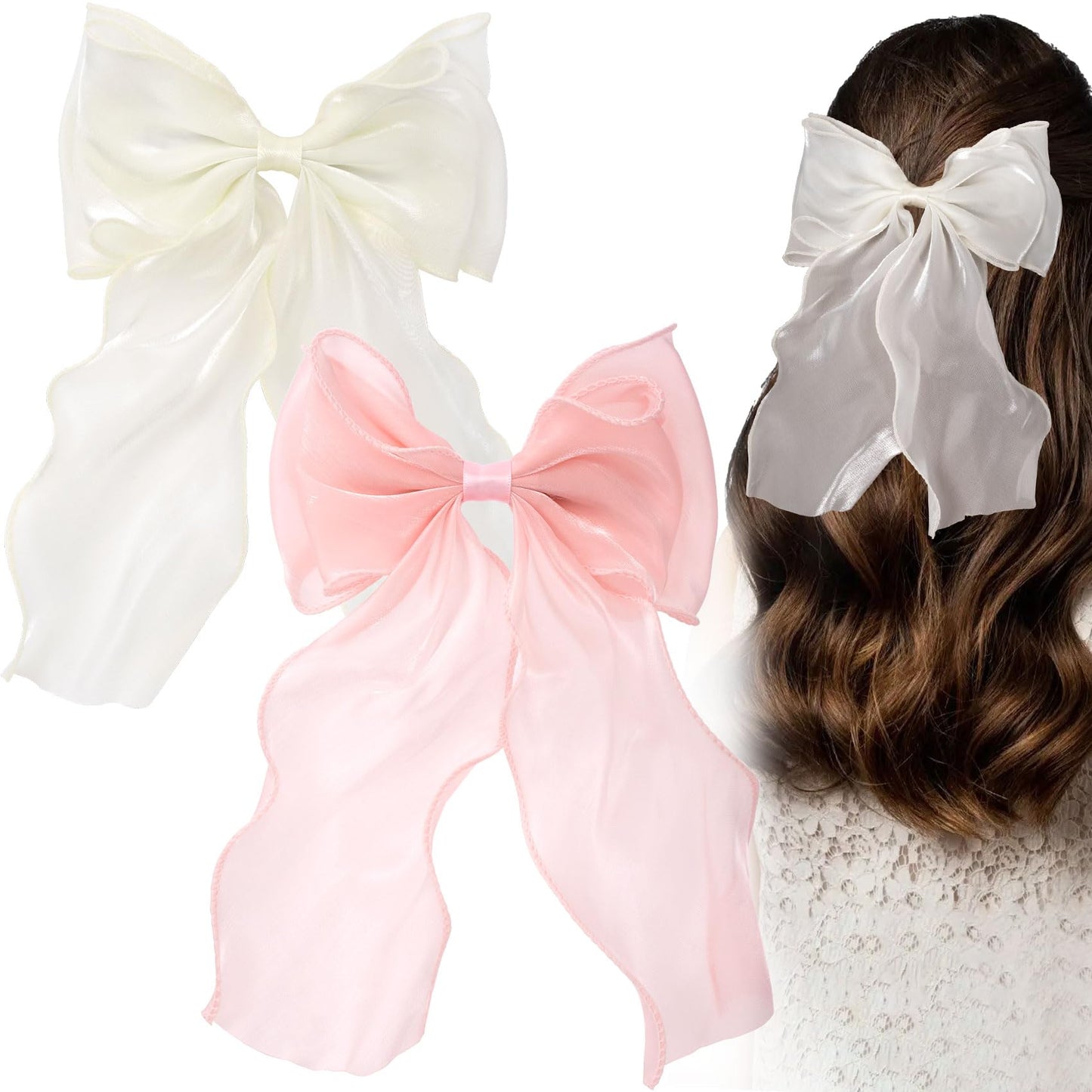 SmallCat 2 Pcs Pink Hair Bow, Elegant Pink Bows for Hair, French Bow Hair Clips, Silk Yarn Ribbon Hair Bows for Women,Festivals, Party, Wedding (White, Pink)