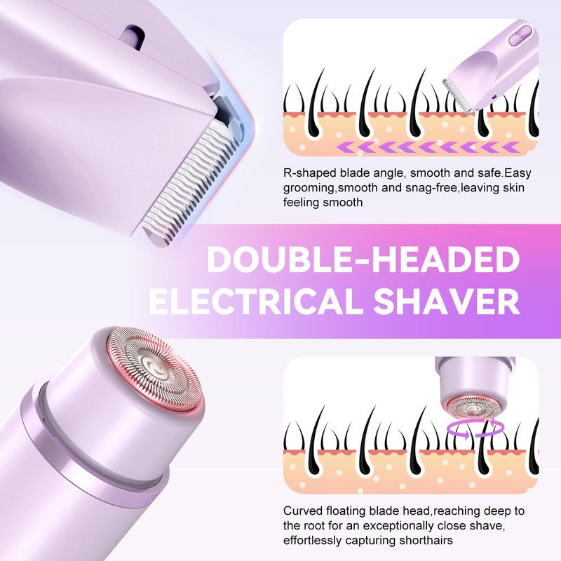 2-in-1 Bikini Trimmer for Women & Electric Razors for Women, Dual Head Design for Intimate Areas, Face, Underarms & Legs, IPX7 Waterproof Rechargeable Shaver, Portable Travel Personal Care (Purple)