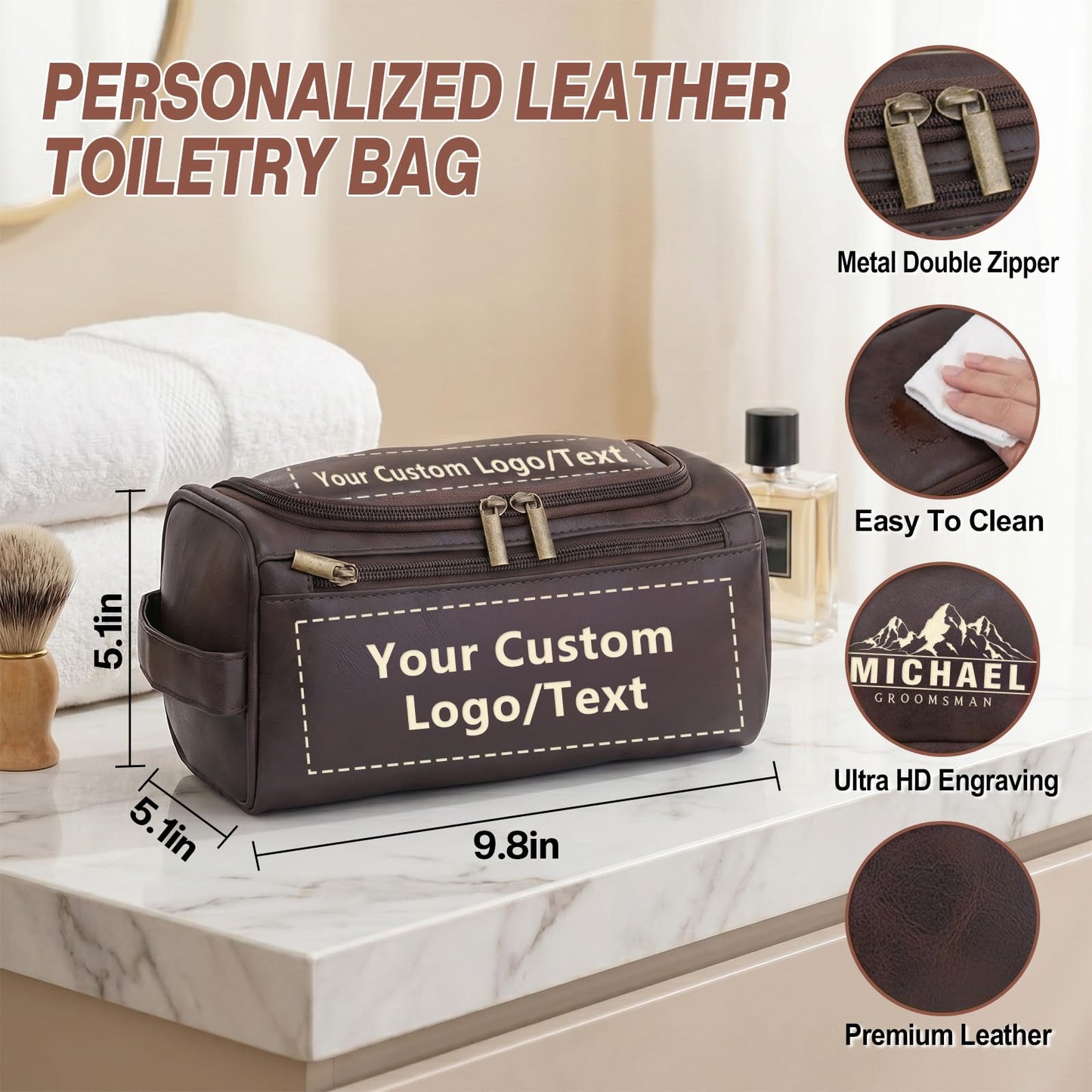 Aeekdook Personalized Toiletry Bag for Men, Engraved Name/Initial/Logo Leather Travel Dopp Kit, Groomsmen Gifts, Anniversary Father’s Day Birthday Gift for Men Boyfriend Husband Dad