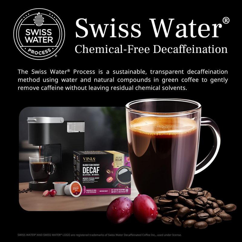 VINIA Decaf Medium Dark Roast Coffee with Red Grape Piceid Resveratrol, Nitric Oxide for Heart Health, Alertness, Physical Energy & Blood Flow Circulation. 30ct K-Cup Pods
