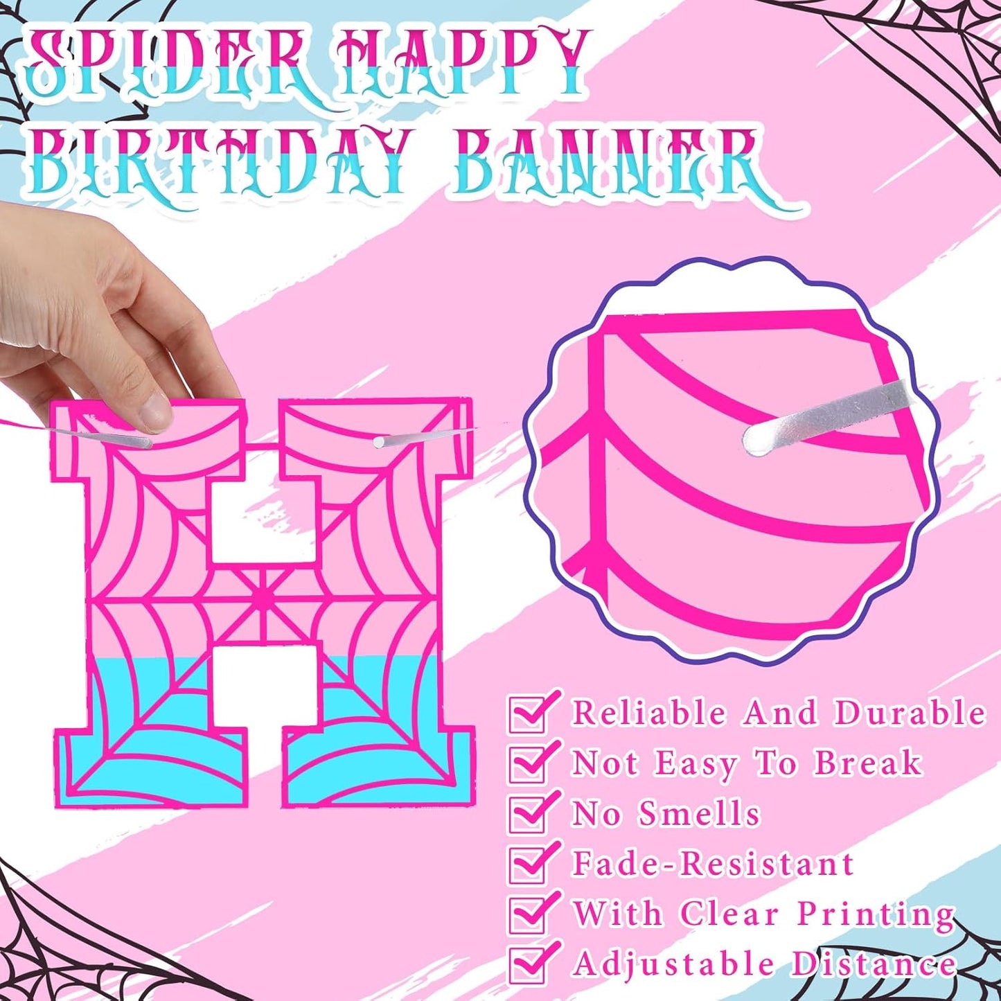 Spider Theme Birthday Banner - Pre-Strung Spider Web Decor for Kids' Parties | Pink & Blue