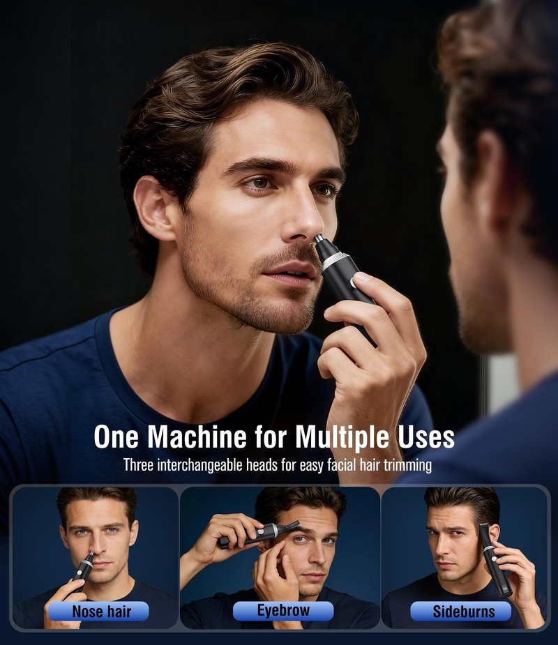 Nose Hair Trimmer for Men, 3-in-1 Professional Painless Rechargeable Eyebrow & Facial Hair Trimmer for Men Women, Multifunctional Trimmer with Powerful Motor and Dual-Edge Blades, IPX7 Waterproof