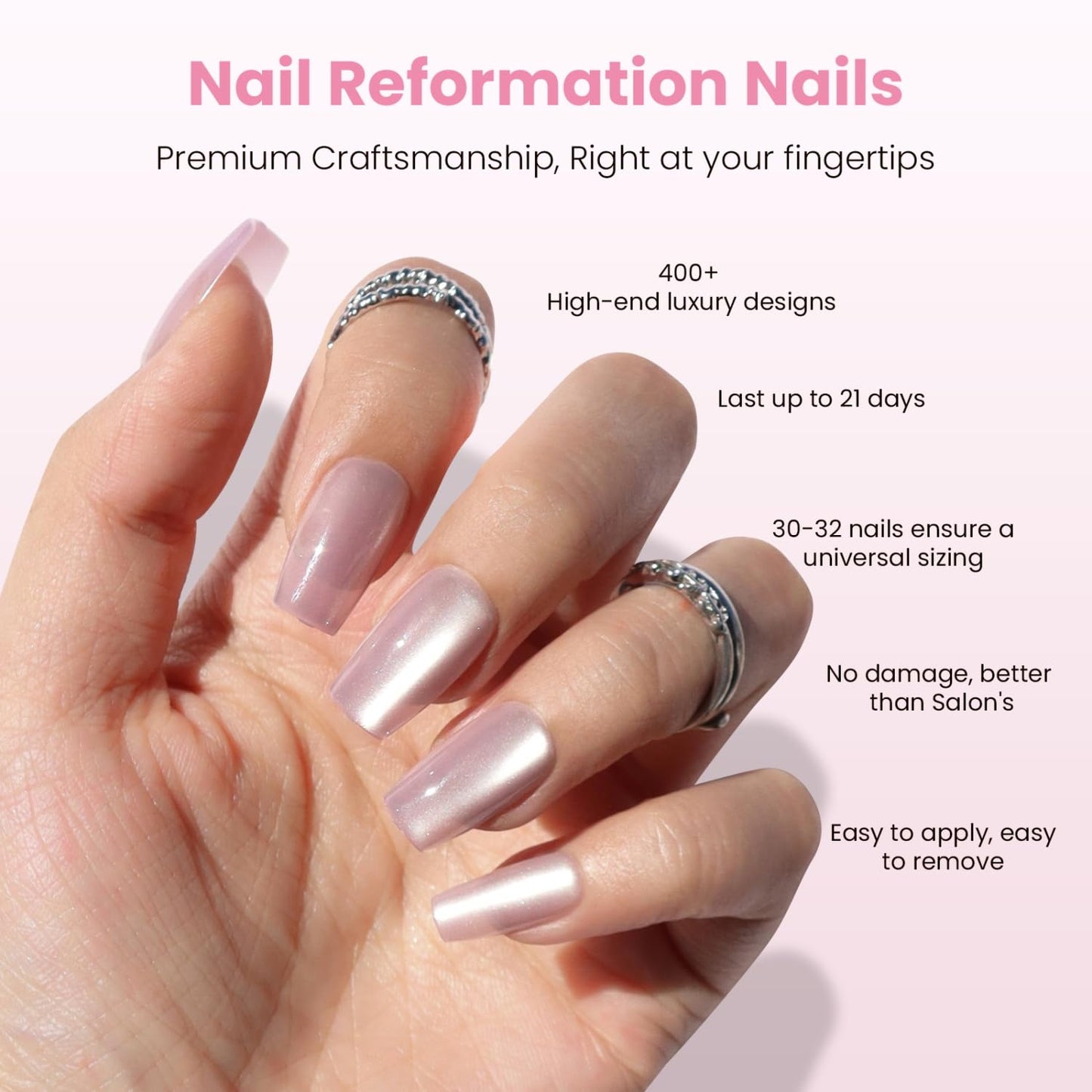 Nail Reformation Press On Nails - Dusty Rose Mauve Coffin Nails | Reusable Cat Eye Velvet Finish, 32 Pcs in 16 Sizes
