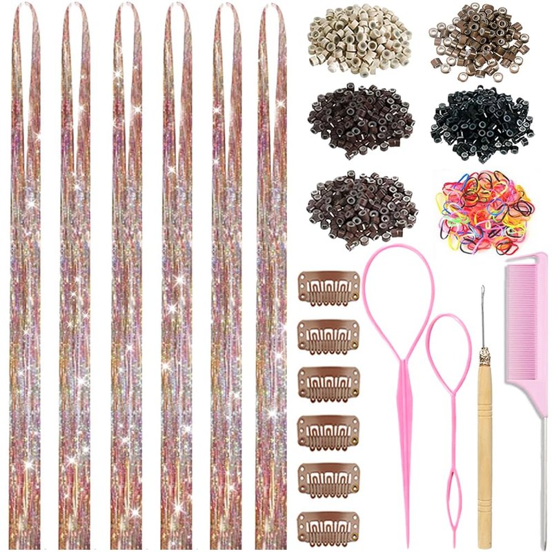 Hair Tinsel Kit - 48 Inch Holographic Glitter Strands for Party & Cosplay | Heat Resistant Gold, Silver & Pink