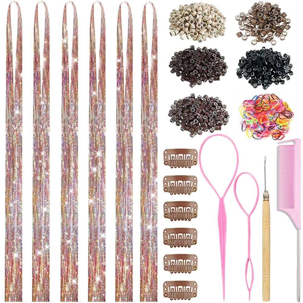 Hair Tinsel Kit - 48 Inch Holographic Glitter Strands for Party & Cosplay | Heat Resistant Bronze Gold