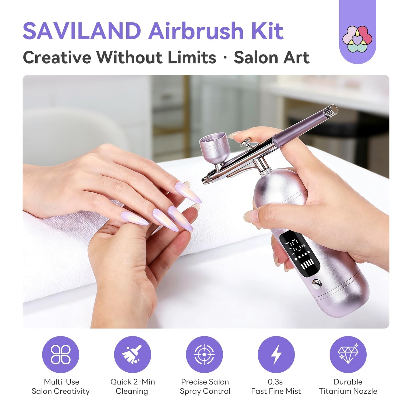 SAVILAND Salon-Perfect Results 30PSI Airbrush Kit: 3 Adjustable Air Pressure Options Portable Airbrush for Nails with Screen Creative Without Limits for Nail & Model Painting