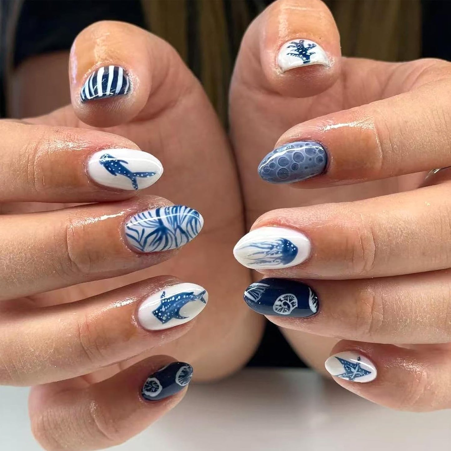 Almond Press-On Nails - Pink Coconut Tree Designs | Glossy Glitter Acrylic, 24 Pcs Reusable for Beach Vacation & Daily Wear