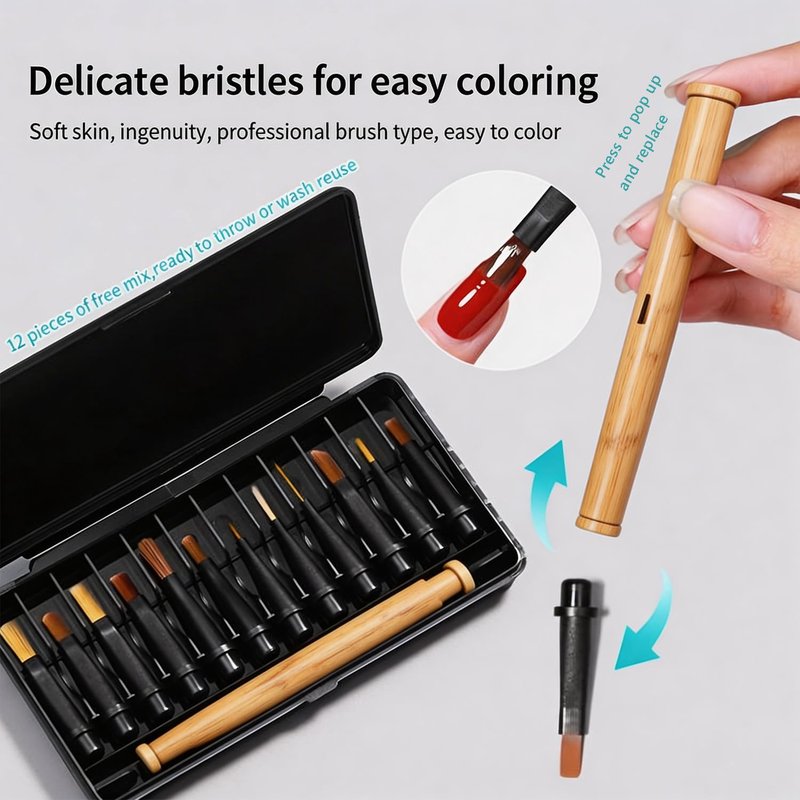 Nail Polish Brush Set - 12 Pcs Replaceable Nail Art Brushes with Wooden Handle for Gel Polish | DIY Manicure Kit