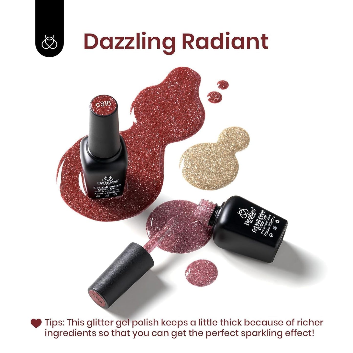 Beetles Glitter Gel Nail Polish, 6 Colors Holographic Sparkle Shimmer Gel Polish Flash Diamond Sliver Gold Red Black UV LED Soak Off Manicure Gift for Women