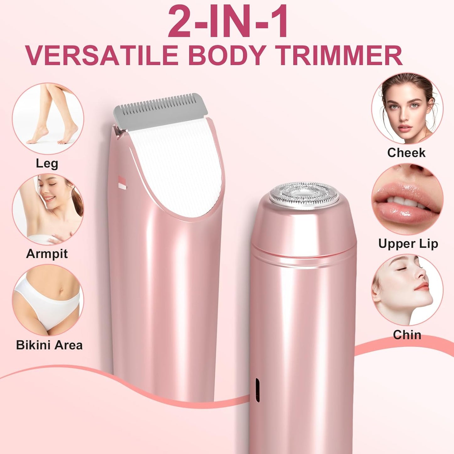 Bikini Trimmer for Women - 2 in 1 Electric Shaver with Dual Head | Waterproof Rechargeable Body & Facial Hair Remover