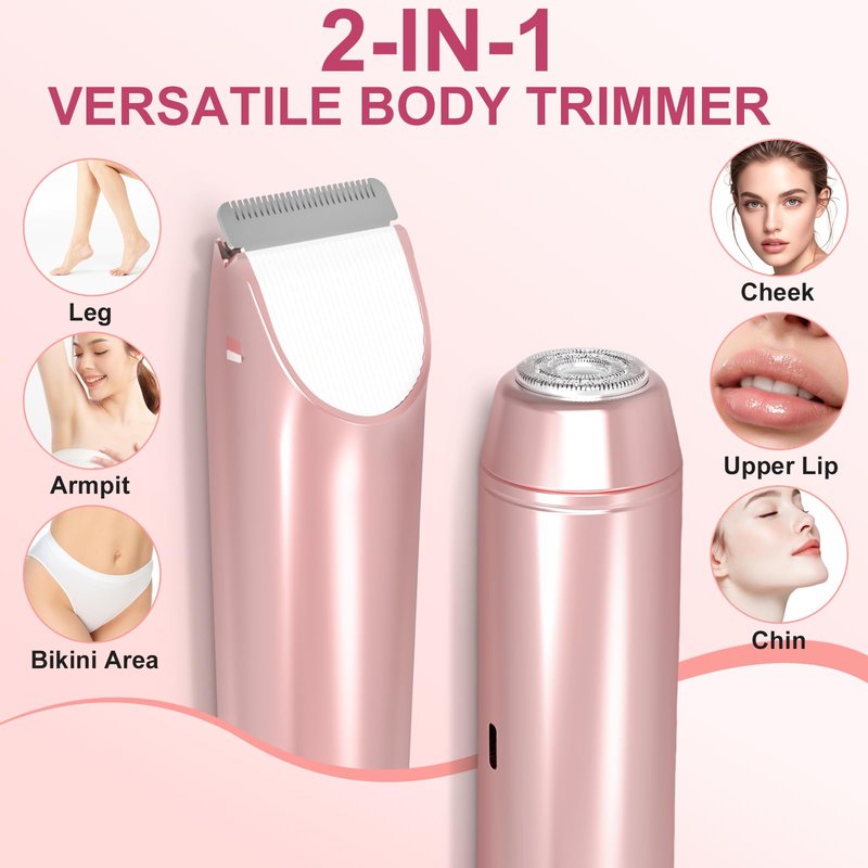 2 in 1 Bikini Trimmer for Women – Dual Head Electric Shaver, IPX7 Waterproof Electric Razor for Body Pubic Hair, Rechargeable Body Hair Trimmer and Facial Hair Remover for Bikini Underarm Leg Arm Face