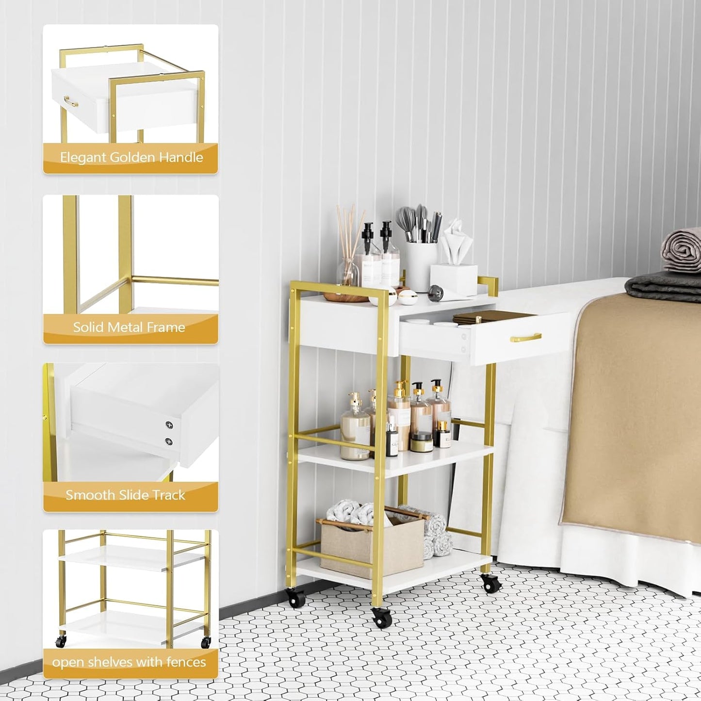 OmySalon Salon Trolley Cart - Mobile Beauty Storage Organizer with 1 Drawer & 2 Trays | White Gold