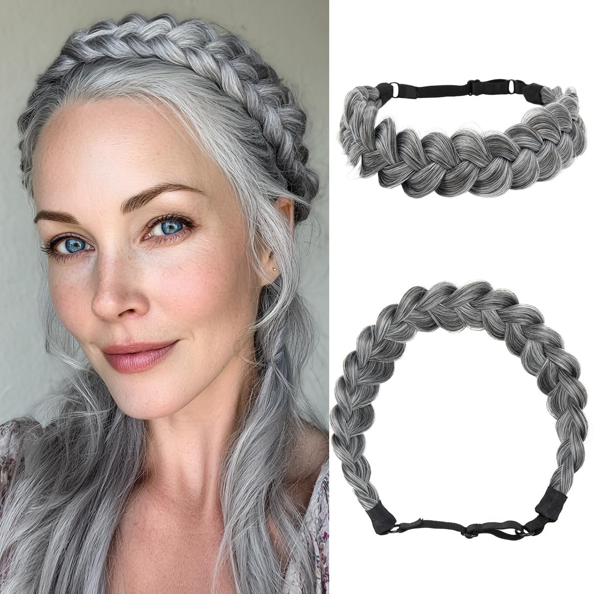 Wide Elastic Braided Headbands for Women - Adjustable Synthetic Hair Hairpiece | Coffee Brown
