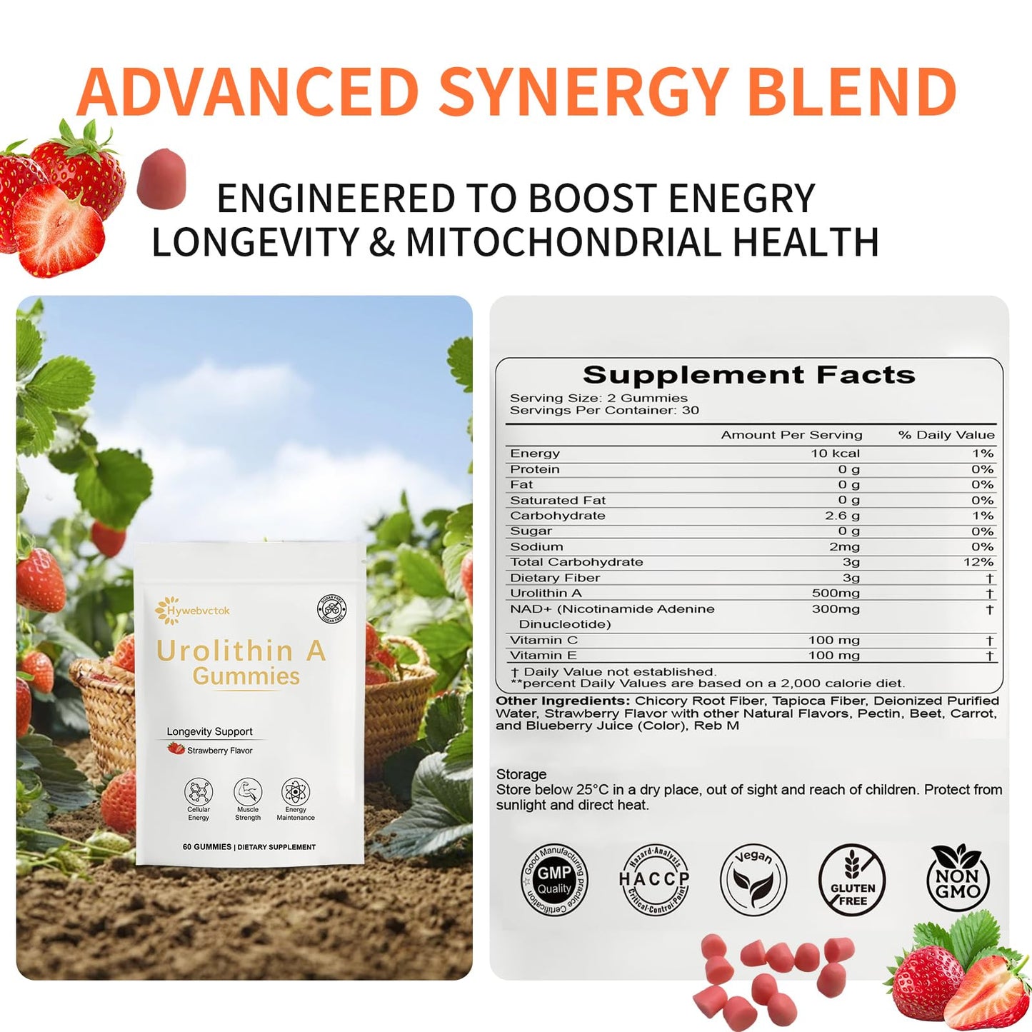 Hywebvctok Urolithin A Supplement Gummies,500mg Urolithin A+ Supplement,Mitochondrial Support Supplement for Cellular Support,Muscle Strength & Longevity,Renewal, Sugar Free,60 CT