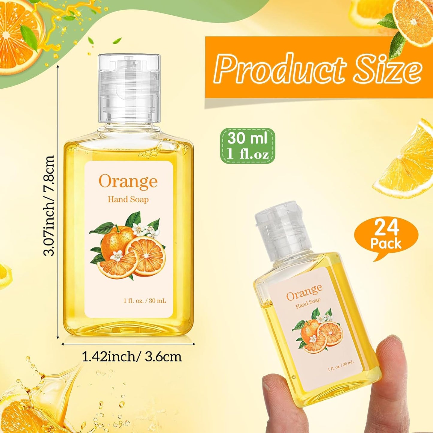 Travel Size Hand Soap - 24 Pack Mini Scented Foaming Sanitizer | 1fl oz Liquid Soaps for Hotels & Parties (Orange)