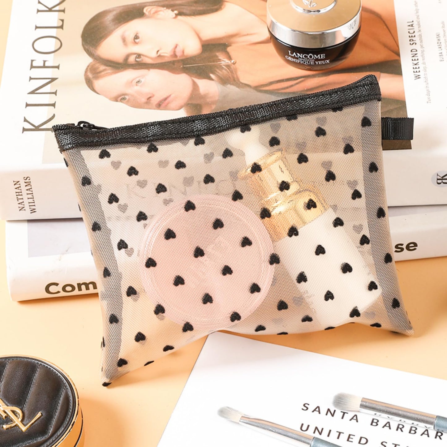 4-Piece Heart Printed Mesh Makeup Bag Set, Portable Travel Mesh Cosmetic Bags Toiletry Bags Makeup Purse Bags, Zipper Storage Pouches for Home Offices Travel Accessories (Beige)