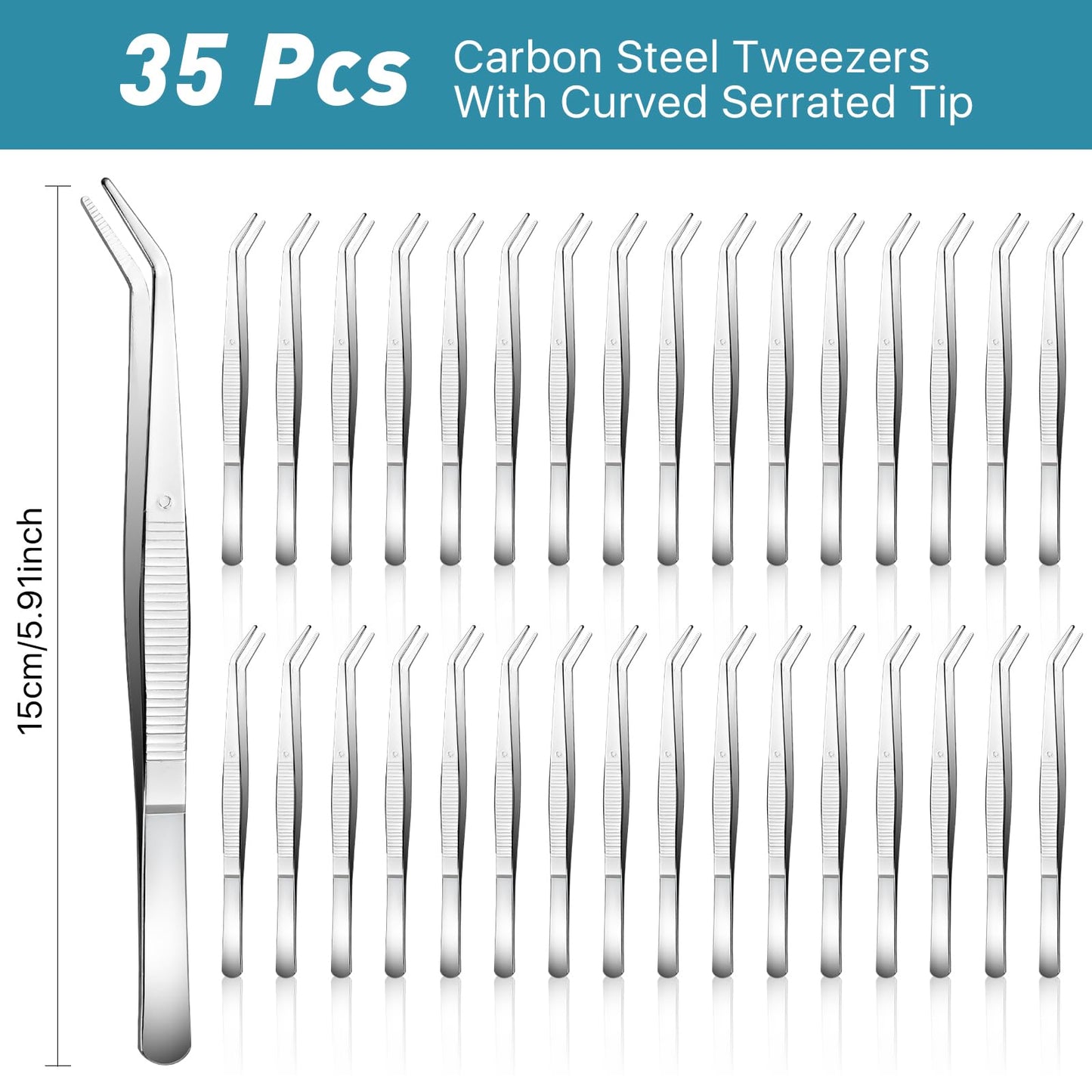Aemygo 35 Pcs Carbon Steel Tweezers with Curved Serrated Tip, Multipurpose Craft Tweezers Non-Slip Forceps for Sewing Repairing