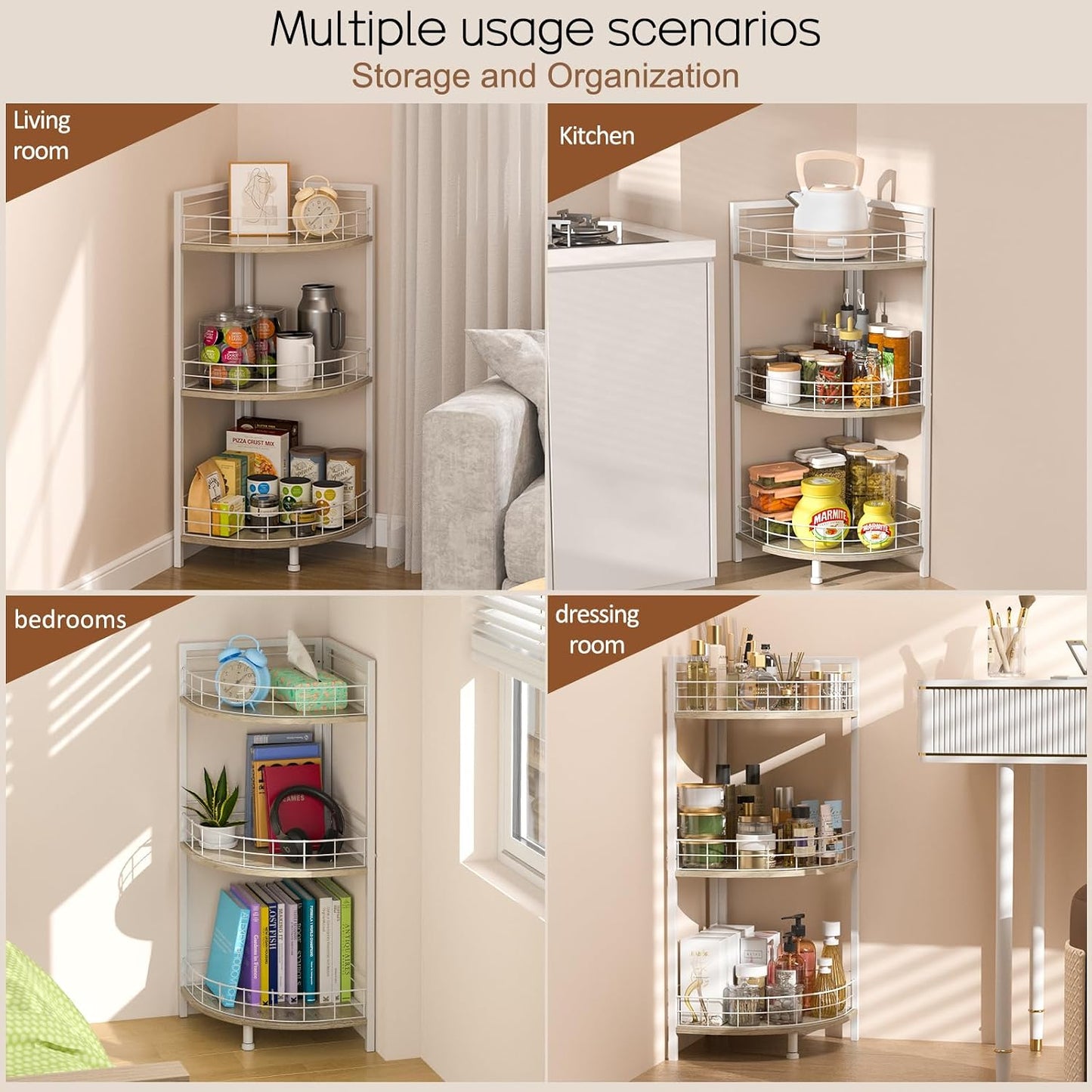 Bathroom Standing Shelf - 3 Tier Free-Standing Storage Unit | Triangular Curved Corner Design for Small Spaces