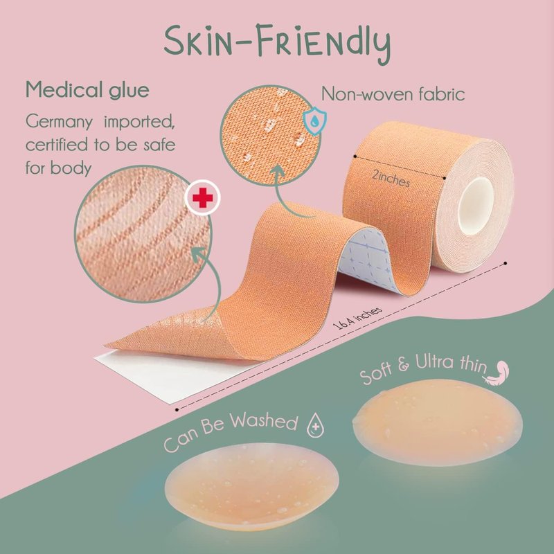 Boob Tape - Invisible Skin Tape for Breast Lift & Backless Bra | Size S, 2 Nipple Covers Included
