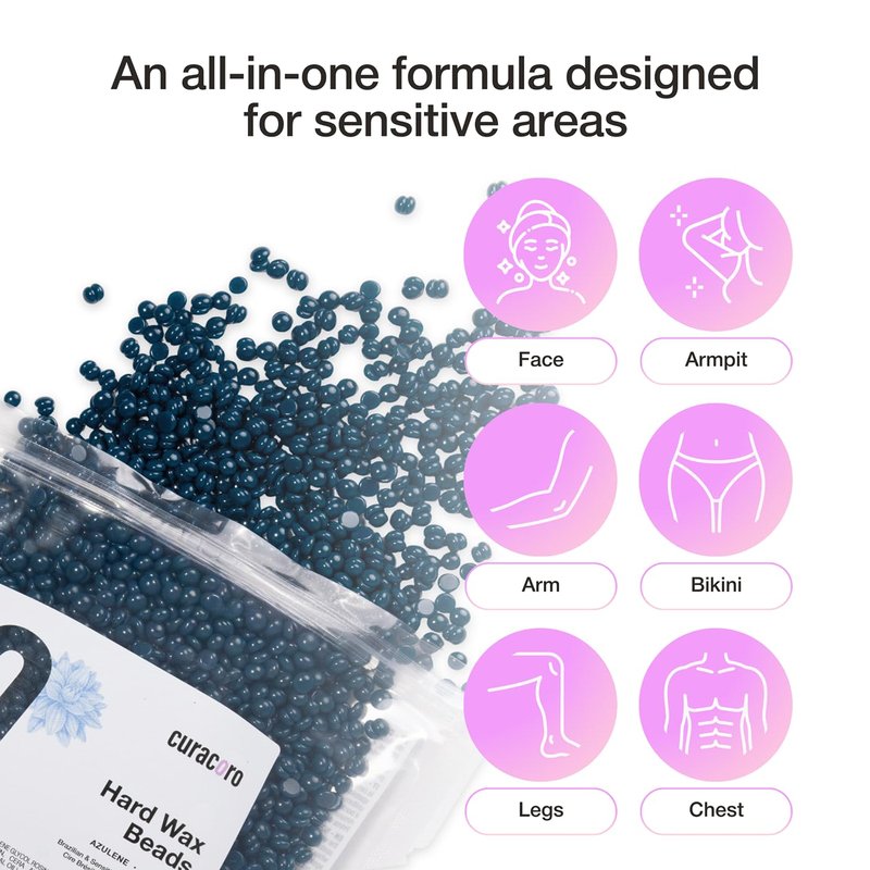 Curacoro Italian Wax Beans - 500g Hard Wax Beads for Full Body Hair Removal on Face, Body, Brazilian, Bikini, Legs, Underarms, Skin-Friendly Waxing Beads for Women & Men, Made in Italy (Azulene)