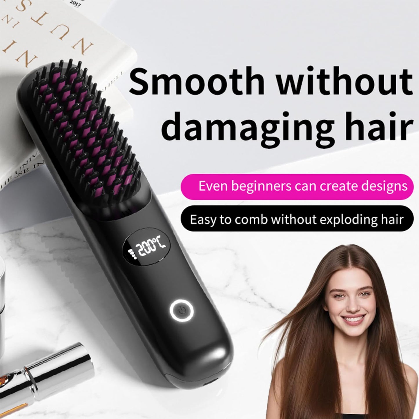 Cordless Hair Straightener Brush, Go Brush Pro, Portable Mini Straightening Brush for Women with 3 Temperature Settings LED Display, Fast Heating Hair Straightener Comb for Travel Smooth Frizz Hair