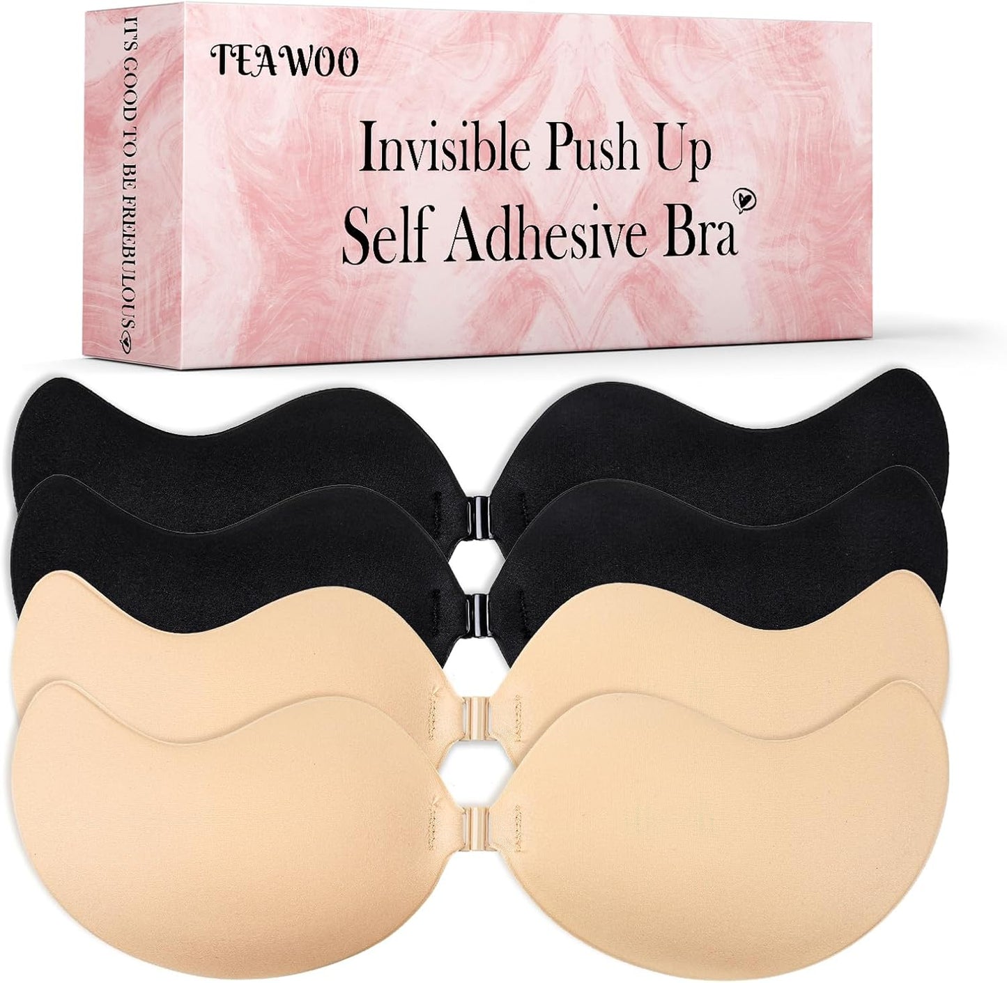 Cleavage Bra - Push Up Sticky Strapless Backless Invisible Adhesive Bra Set for Women | Black/Nude