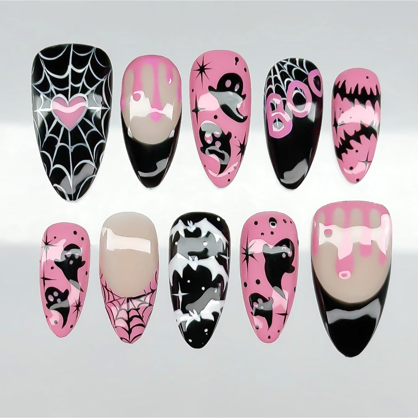 French Tip Press-On Nails - 24 Pcs Medium Almond with 3D Flower & Gold Rhinestones | Full Cover Nude Artificial Nails
