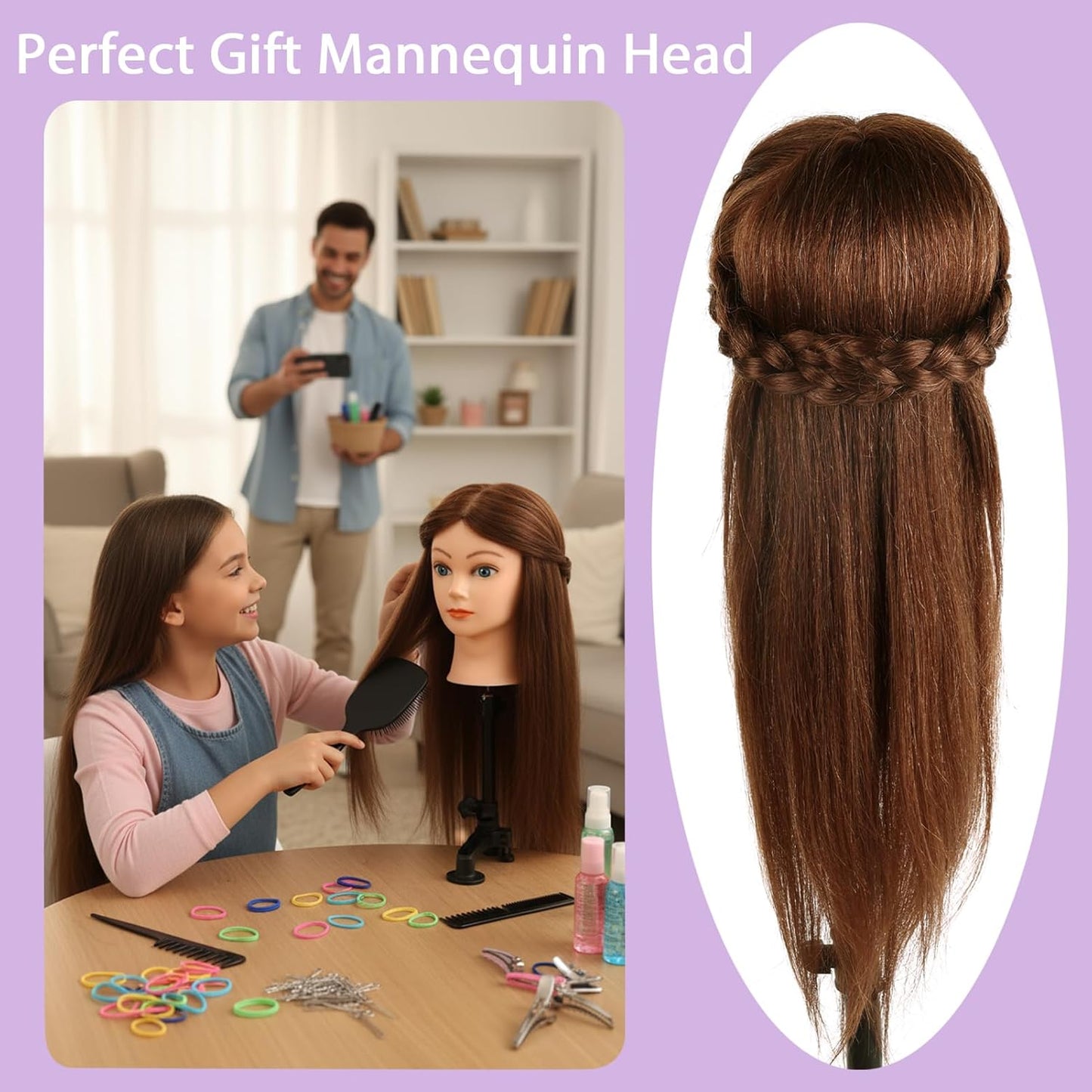 Human Hair Mannequin Head - 18'' Realistic Cosmetology Training Doll with Clamp & Tools | Dark Brown, Blue Eyes