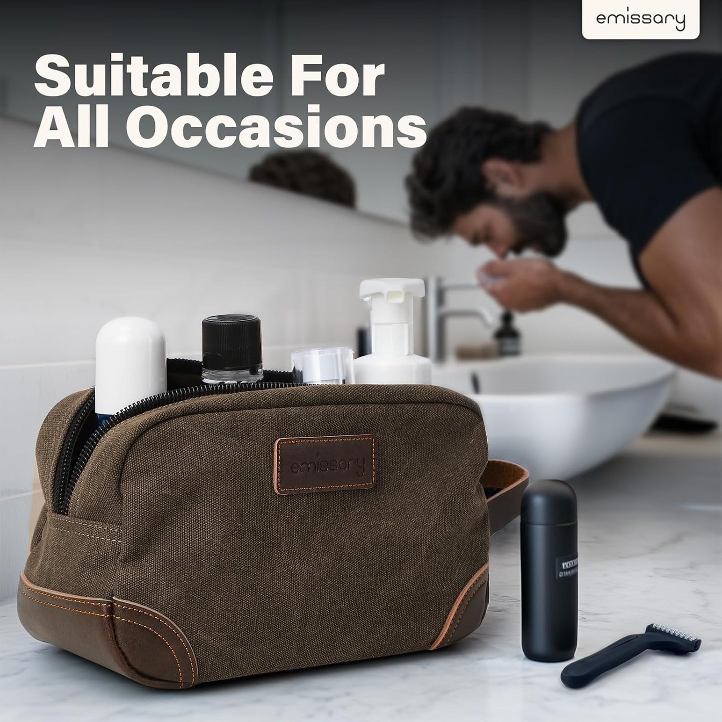 Men's Leather and Canvas Toiletry Bag - Travel Dopp Kit for Shaving Accessories | Coffee Color
