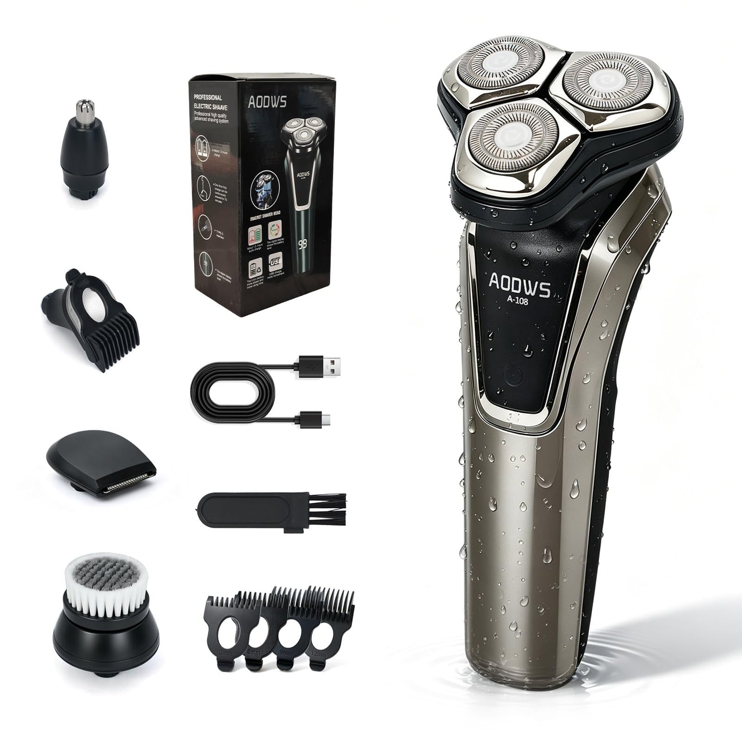 4-in-1 Electric Razor for Men, 9999 RPM High-Speed Electric Shaver, 5D Floating Head Shavers for Men, 90Min Long-Lasting, IPX7 Waterproof, LED Display, Beard Trimmer for Sensitive Skin Care