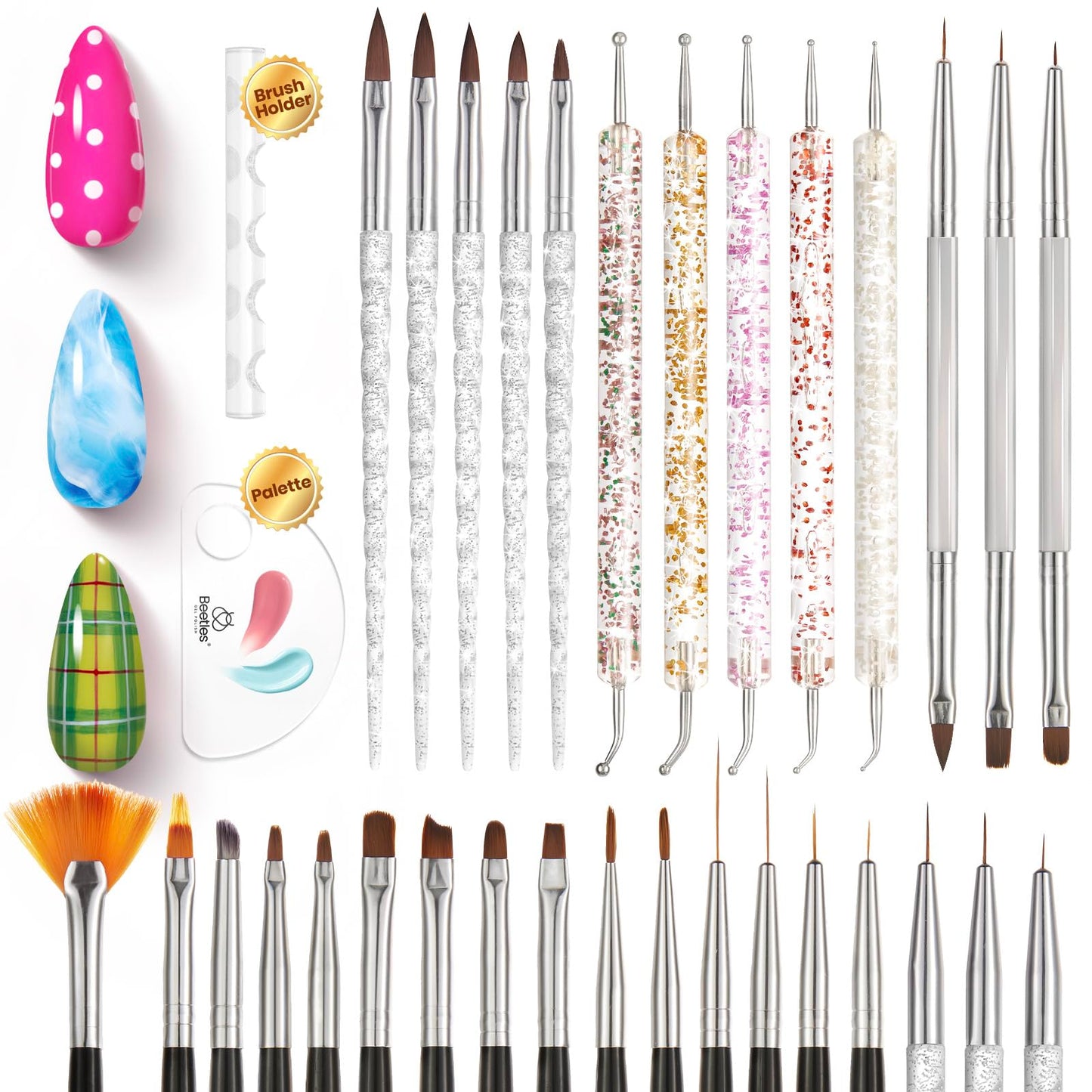 Beetles 31pcs Nail Art Brushes, Dotting Tools, Nail Art Pens, Dust Brush, Striping Liner Fingernail Drawing Pens with Palette Holder Metal Handle All in One for Starter Manicure Design Set