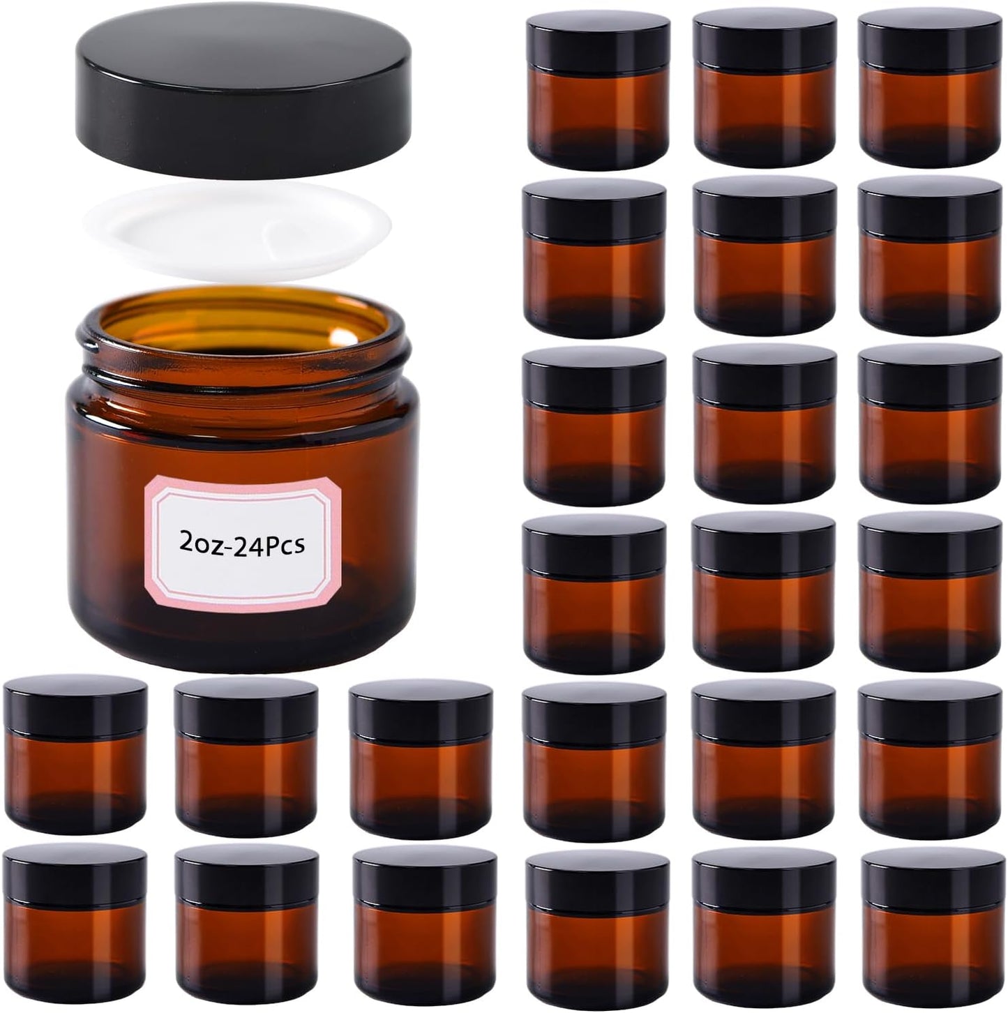 Amber Glass Jars - 2 oz Small Jars with Lids & Inner Liners | 24 Pack for Creams & Lotions