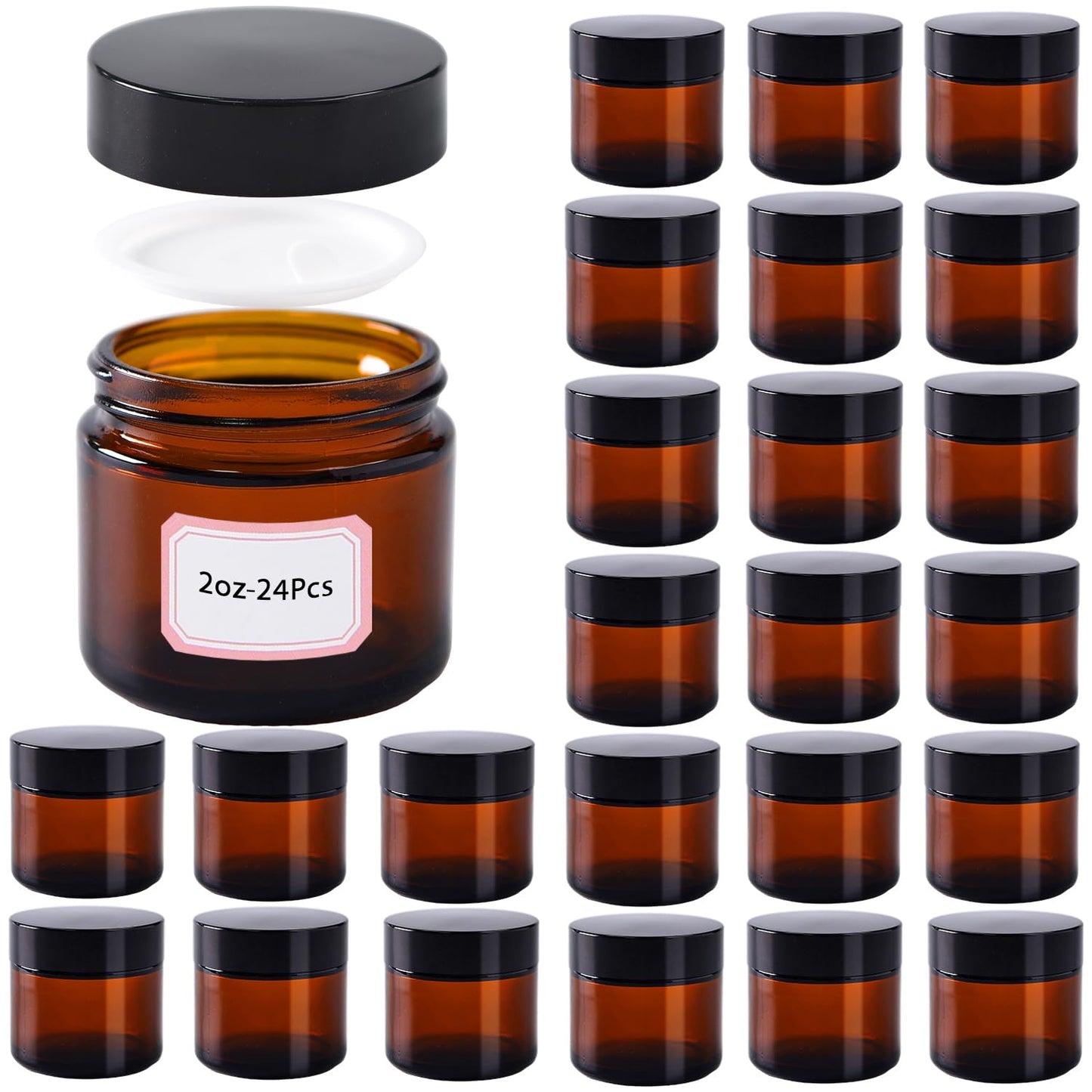HXARTMIS 2 oz Amber Glass Jars with Lids,24 Pack 2oz Glass Jar with Inner Liners,2 Ounce Small Jars for Cream,Lotion