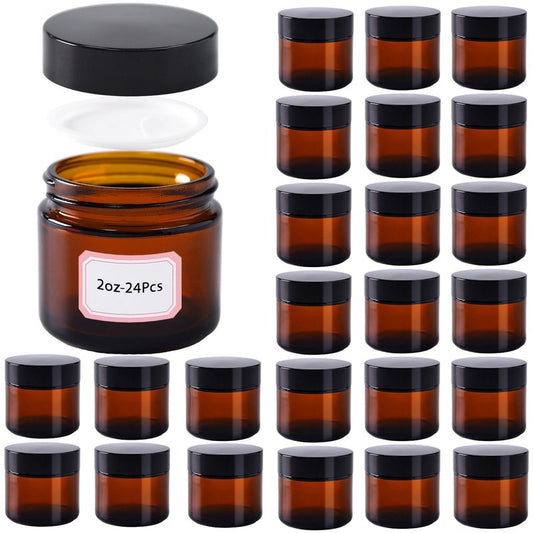 HXARTMIS 2 oz Amber Glass Jars with Lids,24 Pack 2oz Glass Jar with Inner Liners,2 Ounce Small Jars for Cream,Lotion