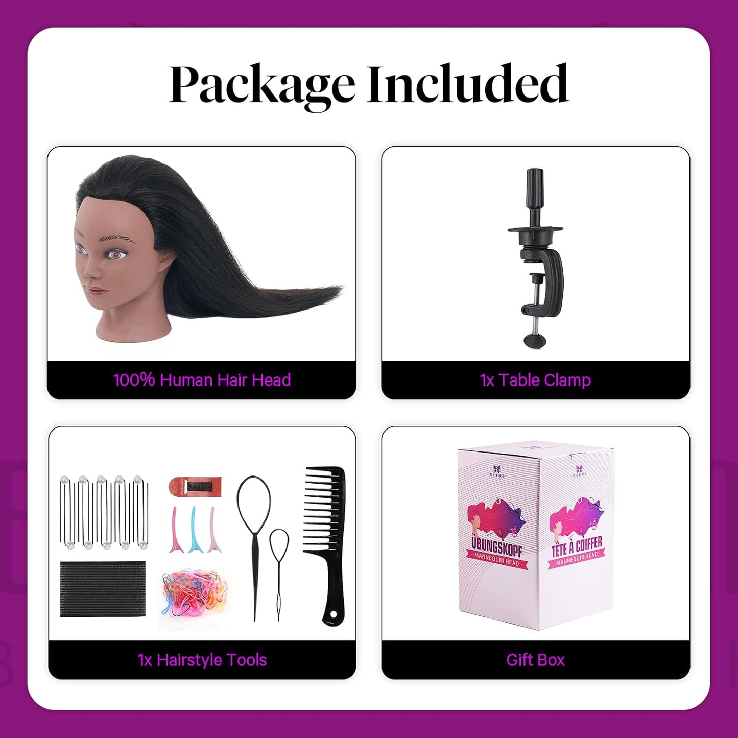 Real Hair Mannequin Head - 18" Human Hair Cosmetology Training Doll for Styling, Dying & Braiding | Black
