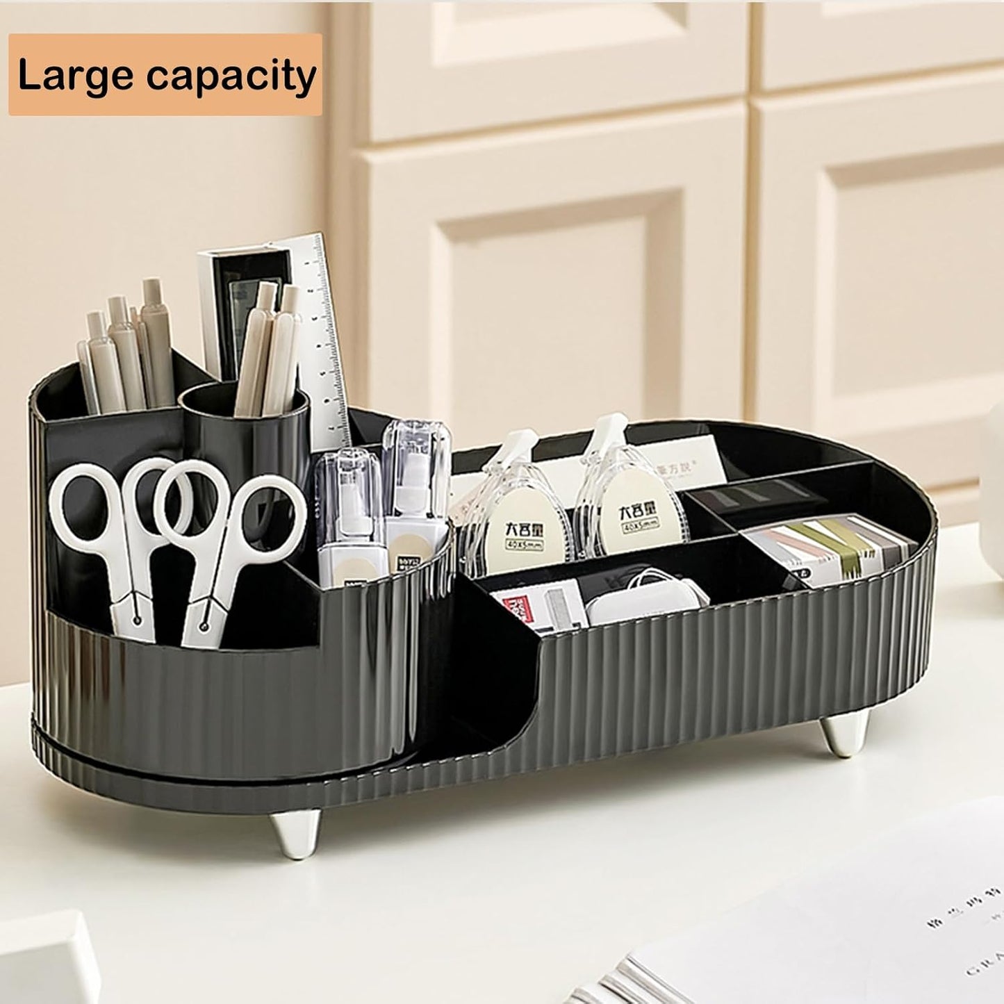 Rotating Makeup Organizer - Large Spinning Vanity Storage with Brush Holder | Black Cosmetic Display Case