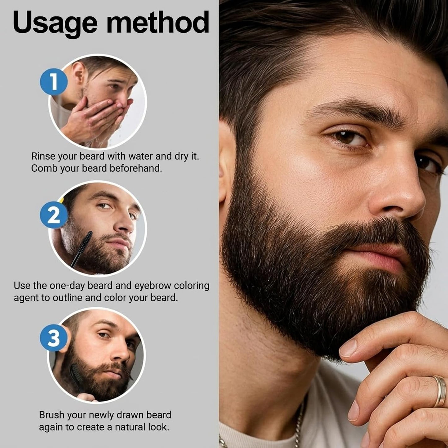 1 Day Temporary Beard Dye for Men - Black Mustache & Eyebrow Color | Waterproof, Long-Lasting Gray Coverage, 2 Pack