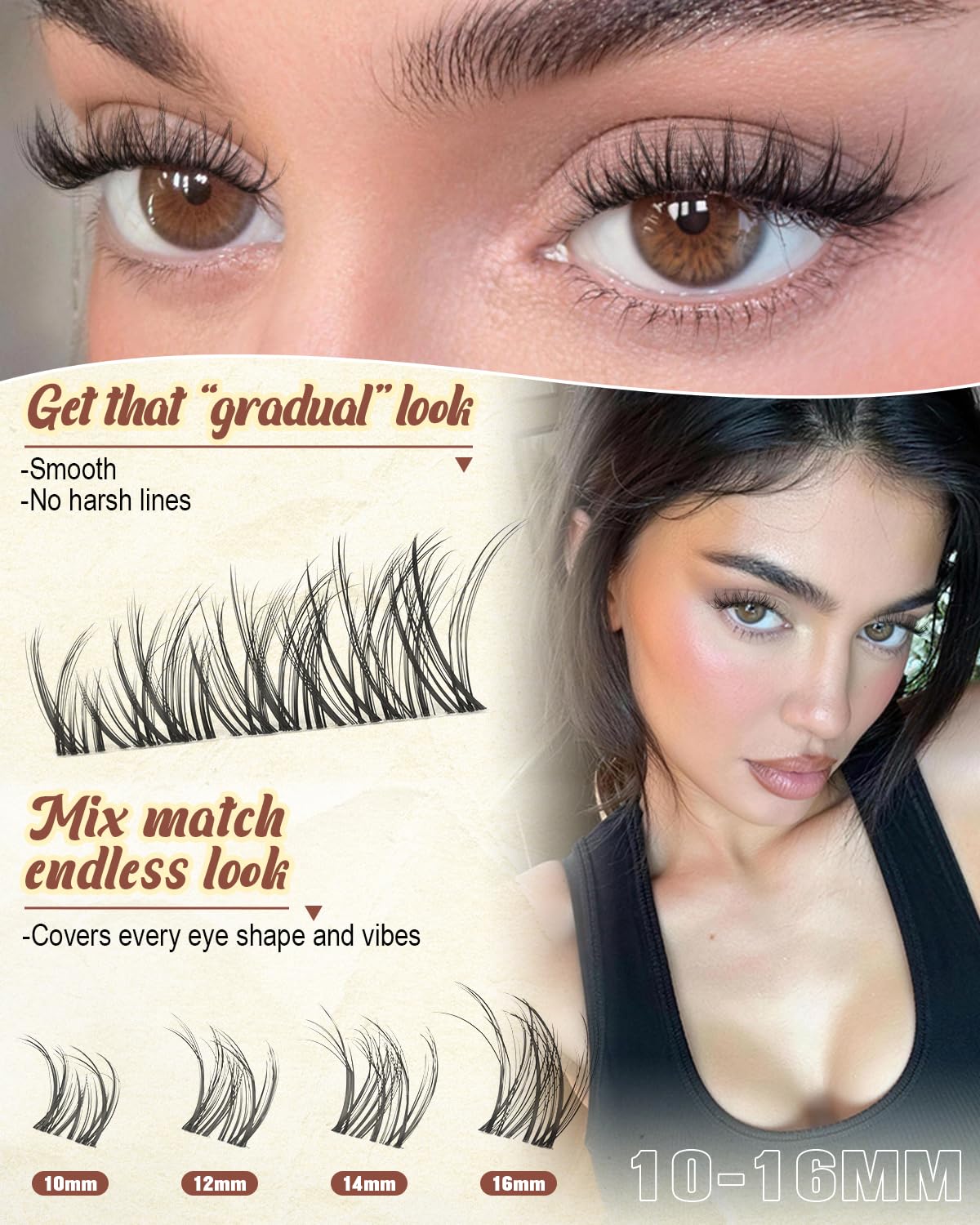 Wtvane Wispy Lash Clusters Spider Eyelash Clusters 10-16mm Natural Cluster Eyelash Extensions Fluffy DD Curl Individual Lashes Clusters Breeze Eyelashes Cluster with Soft Clear Band Kim K Lash Style