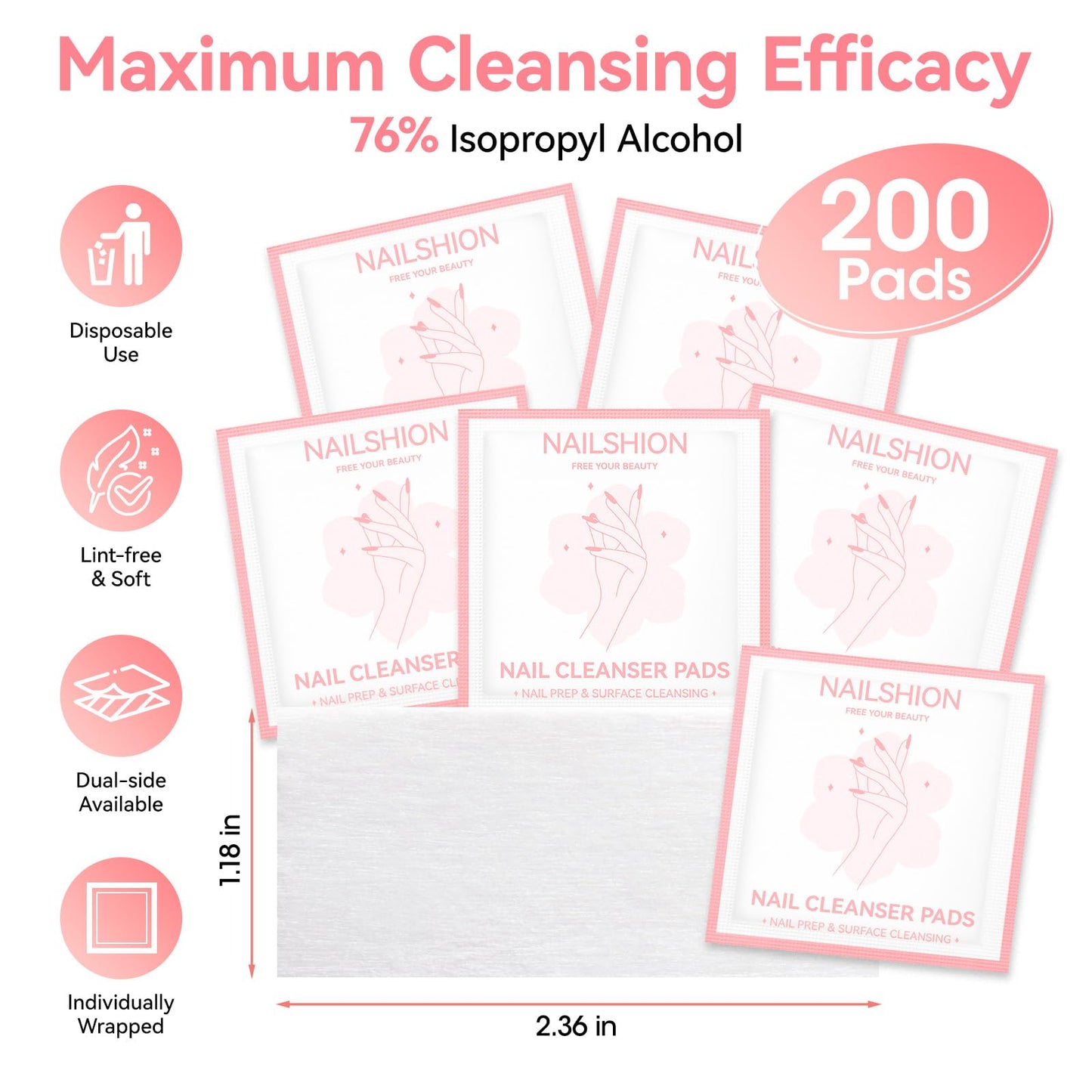 Nailshion Nail Prep Cleanser Pads, 200PCS Individually Wrapped & Lint-free