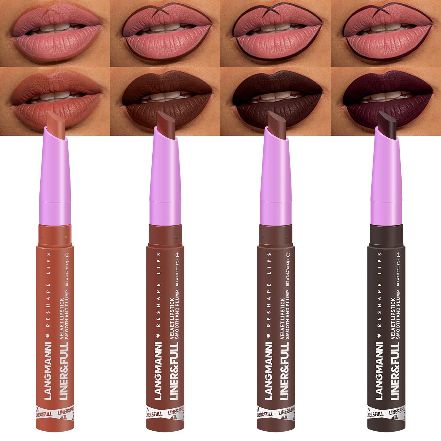 Langmanni Velvet Matte Lipstick Set - 8Pcs 2-in-1 Lip Liner & Full-Size Lipstick | Unique Teardrop Shape Gift for Women