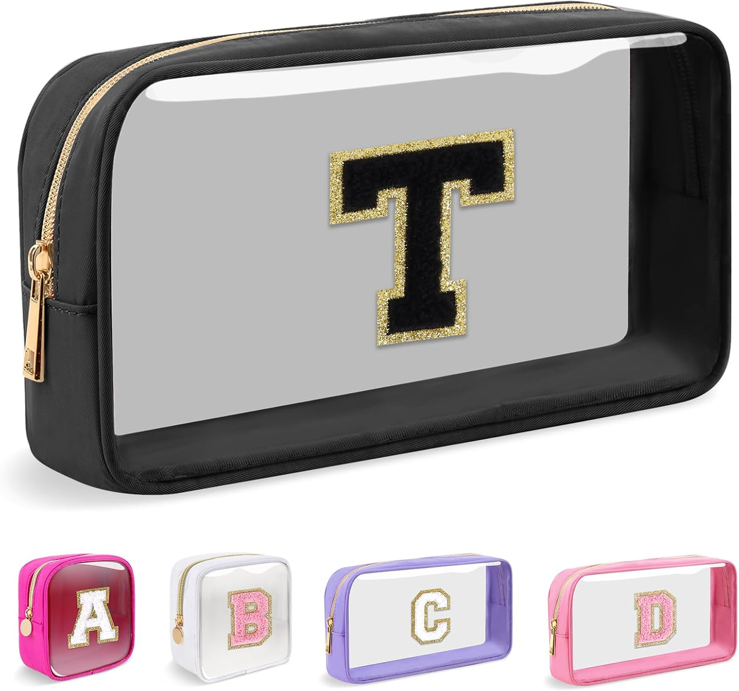 Personalized Initial Makeup Bag - Waterproof Nylon Cosmetic Pouch | A-Z Chenille Letter Patch, White-Pink G