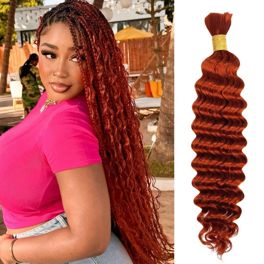 Boho Hair for Braiding, Curly Virgin Human Braiding Hair for Women, 12A Knotless Deep Wave Bulk Bohemian Styles, 50g 24 Inch 1 Bundles/Pack Ginger Color 350